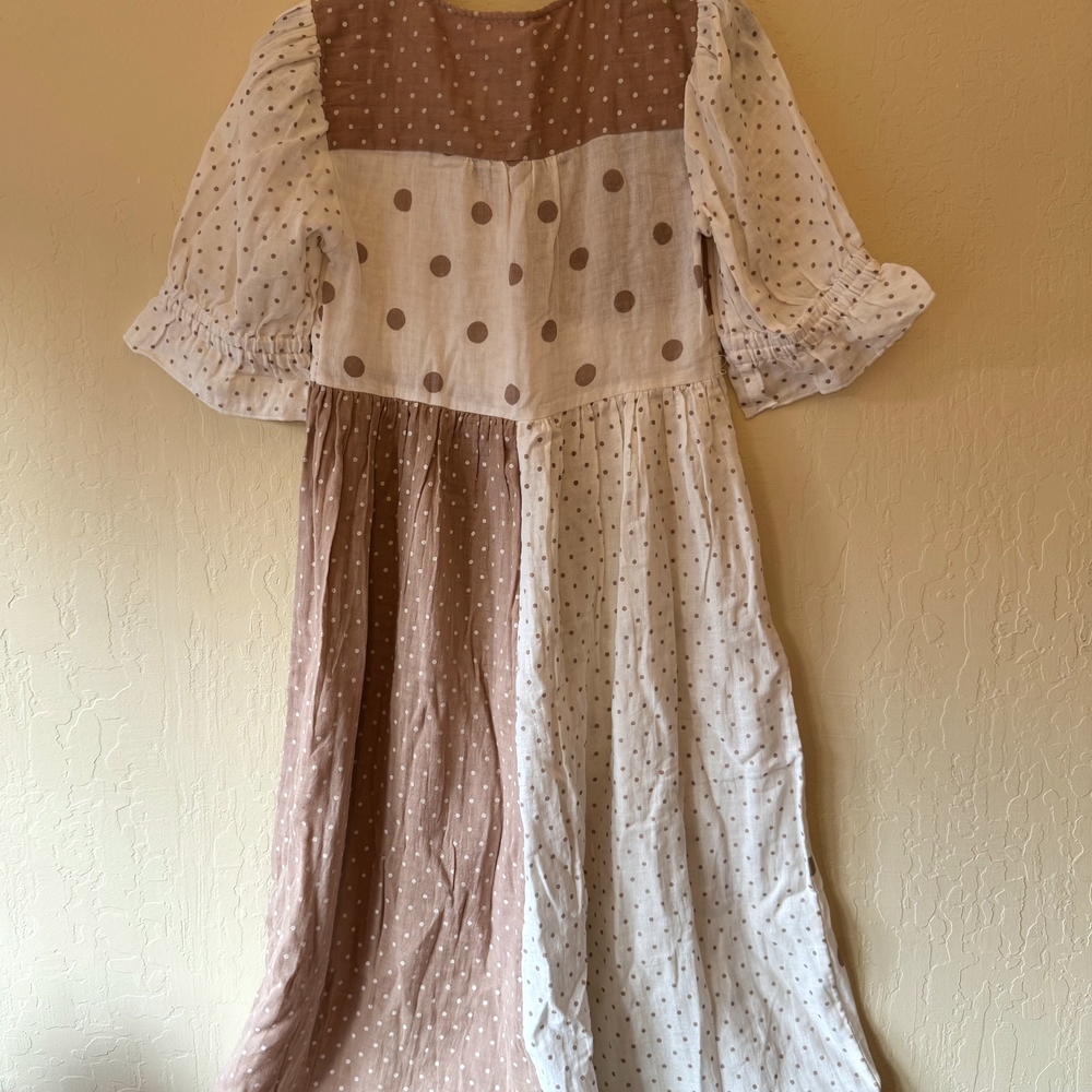 Fabindia Cream Midi Dress with Smocked Bodice and Bishop Sleeves